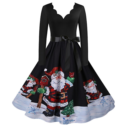 

Women's Swing Dress Knee Length Dress Black Long Sleeve Print Color Block Patchwork Print Winter V Neck Elegant Casual Christmas 2021 S M L XL XXL 3XL