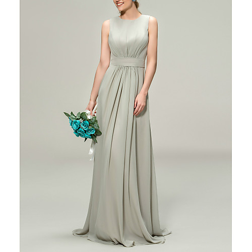 

A-Line Minimalist Elegant Wedding Guest Formal Evening Dress Jewel Neck Sleeveless Sweep / Brush Train Chiffon with Sleek Sash / Ribbon Pleats 2021