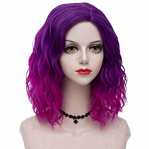 

14 short curly wavy bob wig inclined bangs cosplay costume harajuku lolita synthetic cute hair daily halloween party (gradient purple)