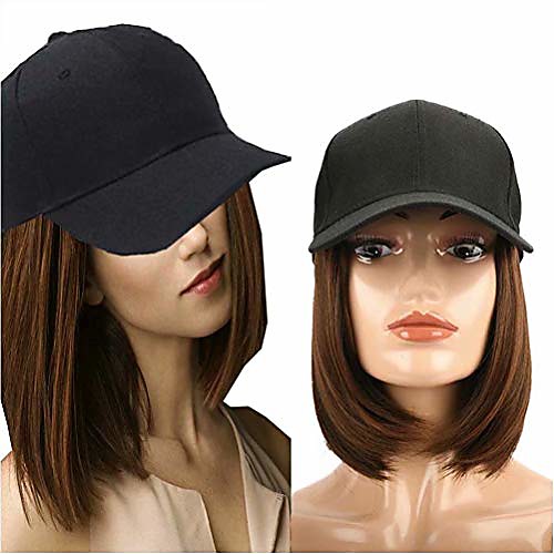 

light brown short straight bob wig with hat 9 short synthetic hair extensions with attached adjustable black baseball cap for women
