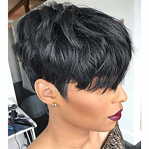 

hair human hair short wigs pixie cut wigs with bangs short black layered wavy wigs for women 1b color 14inch