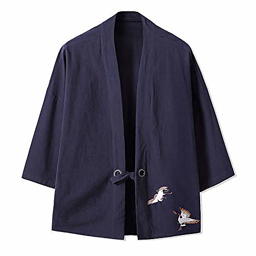 

men's japanese kimono jacket yukata casual linen seven sleeve lightweight printed crane cardigan shirts (39-navy, xl)