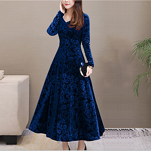 

Women's Sheath Dress Maxi long Dress Black Blue Purple Wine Green Long Sleeve Print Patchwork Print Fall Winter V Neck Casual 2021 M L XL XXL 3XL
