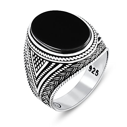 

mens rings with black onyx stone in 925 sterling silver with vintage eastern motifs men's jewelry (6.5)