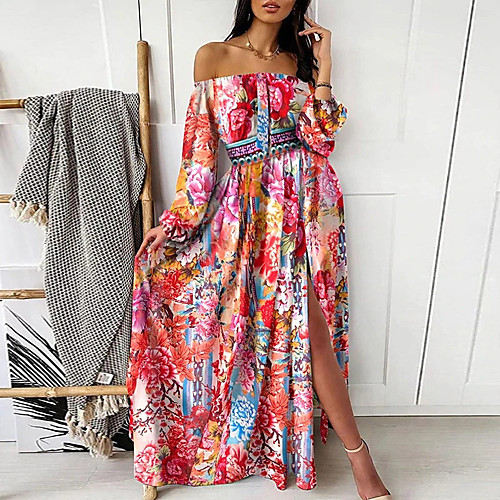 

Women's Swing Dress Maxi long Dress Red Yellow Long Sleeve Floral Split Patchwork Print Fall Spring Strapless Elegant Sexy 2021 S M L XL XXL 3XL