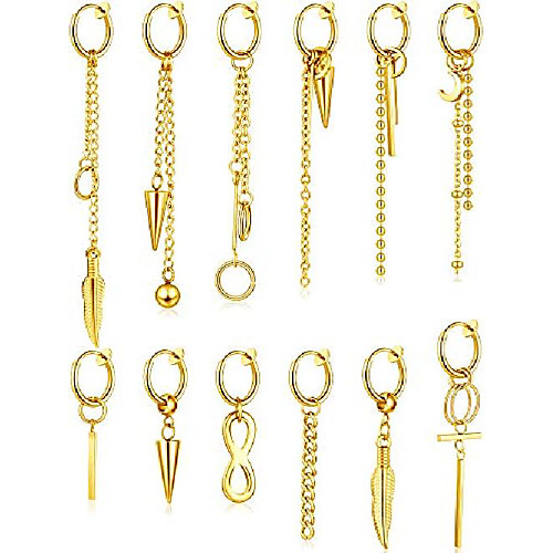 

12 pieces hoop dangle ear clips stainless steel hinged ear cuff earring dangle pendant no piercing earrings (gold)