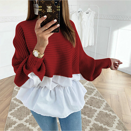 

Women's Stylish Ruffle Color Block Pullover Long Sleeve Sweater Cardigans Crew Neck Fall Red Blushing Pink Khaki