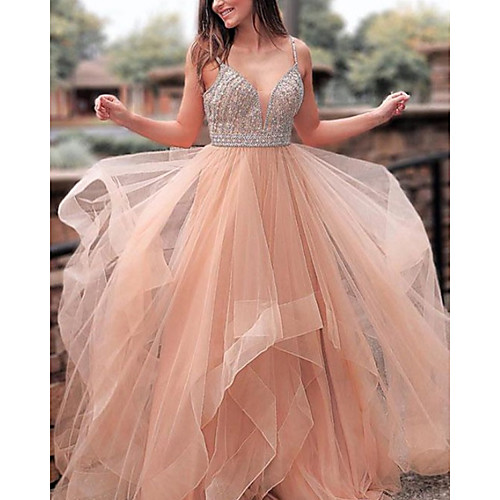 

A-Line Luxurious Elegant Engagement Prom Dress V Neck Sleeveless Floor Length Tulle with Pleats 2021