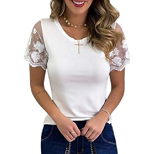 

womens casual round neck solid lace patchwork tops summer short sleeve pullover t-shirts for women white