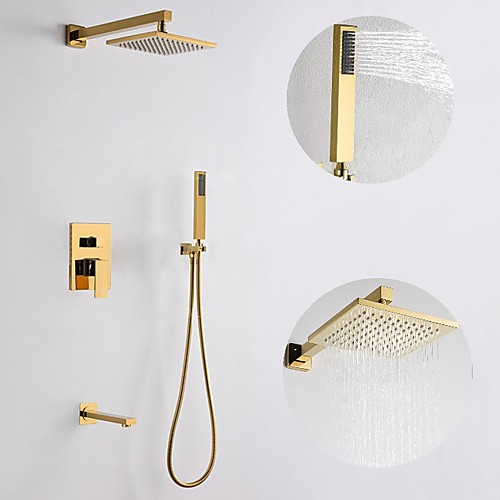 

8 Inch Gold Shower Faucets Sets Complete with Stainless Steel Shower Head, Solid Brass Handshower, and Rotary Nozzle Wall Mounted Installation Rainfall Shower Head System