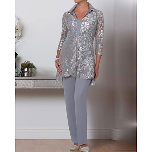 

Pantsuit / Jumpsuit Mother of the Bride Dress Wrap Included V Neck Ankle Length Chiffon Lace 3/4 Length Sleeve with Crystal Brooch 2021