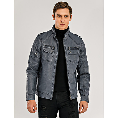 

Men's Leather Jackets Solid Colored Punk & Gothic Fall Faux Leather Jacket Regular Daily Long Sleeve PU Coat Tops Black