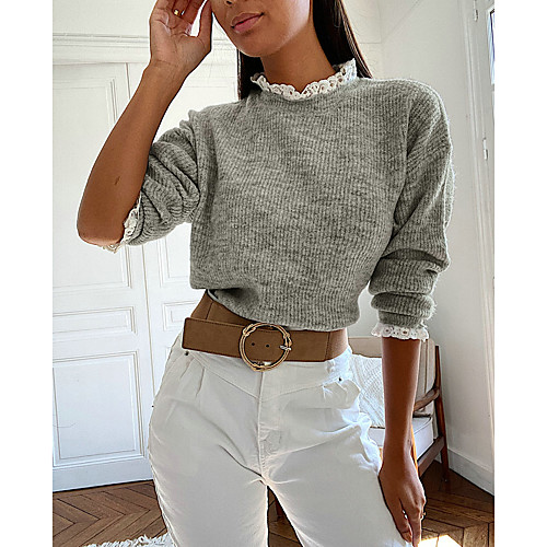 

Women's Blouse Plain Long Sleeve Lace Round Neck Tops Basic Basic Top Gray