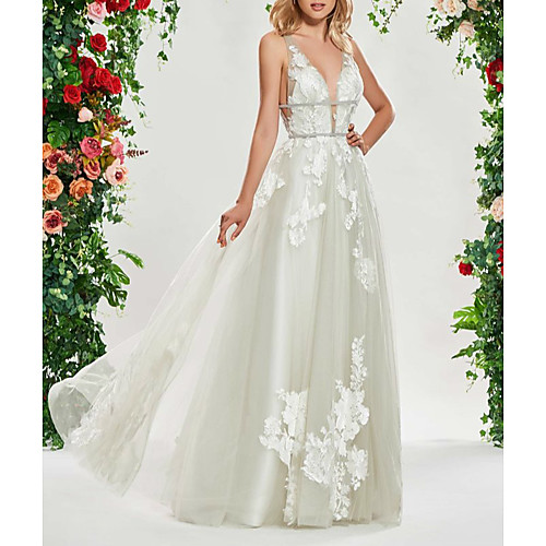 

A-Line Wedding Dresses V Neck Floor Length Lace Tulle Sleeveless Romantic with Sashes / Ribbons Appliques 2021