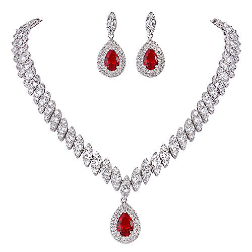 

women's cz marquise-shaped leaf teardrop pendant necklace earrings red silver-tone