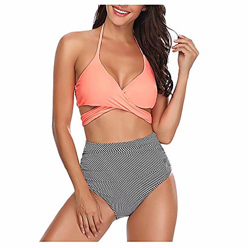 

women high waist bikini push up bikinis print swimsuit female beachwear swimwear(m-pink striped,m)