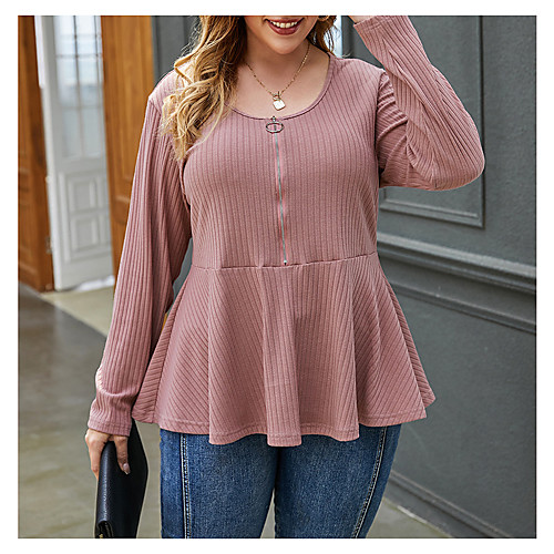 

Women's Plus Size Blouse Shirt Plain Long Sleeve Zipper Round Neck Tops Basic Top Wine Dusty Rose Brown