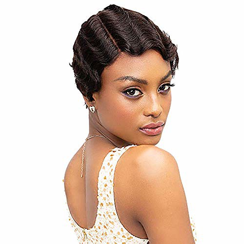 

8 inch glueless short finger wave wigs 100% unprocessed brazilian remy virgin human hair wavy short classical ocean wave wigs 150% density mommy parting wigs with elastic bands (8 inch, 1b#)