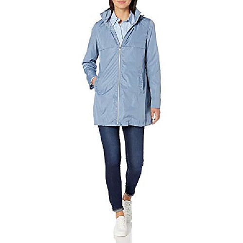 

women's a-line lightweight packable rain jacket, faded denim, x-small