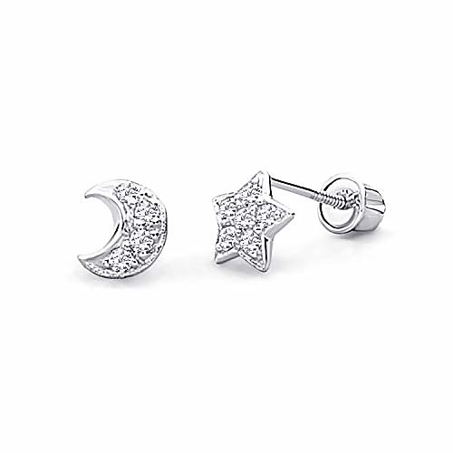

14k white gold star & moon stud earrings with screw back