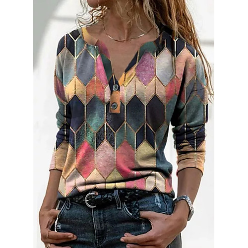 

Women's T shirt Color Block V Neck Beach Tops Blue Purple Yellow