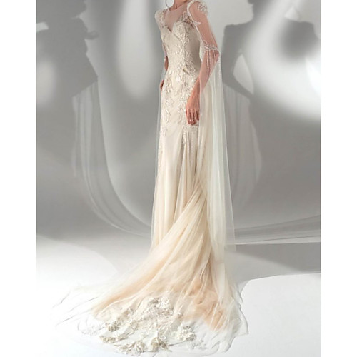 

Sheath / Column Wedding Dresses Sweetheart Neckline Court Train Lace Tulle Sleeveless Romantic with Tassel Appliques 2021