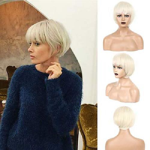 

charming creamy white short wigs with bangs synthetic heat resistant 12 inch wigs for women pixie wig short straight hairstyles silver white wigs for women