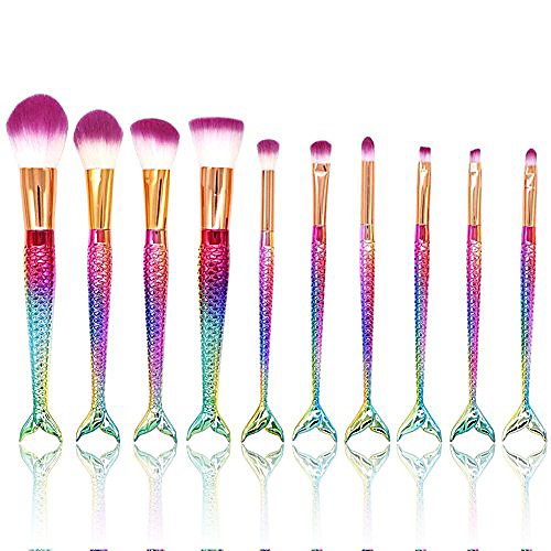 

10pcs mermaid makeup brush set synthetic foundation blending blush eyeliner face powder brush makeup brush kit (10pcs plating gradient)