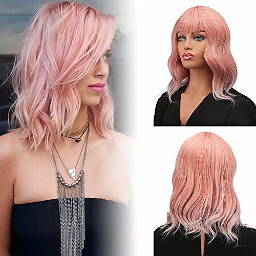 

14'' short curly synthetic wig short bob ombre pink wig pastel wavy with air bangs wig cap included for women girl's colorful costume wigs