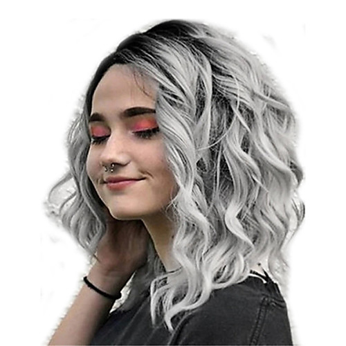 

women full wigs, lady natural mix colors gray gradient short curly hair synthetic wig high temperature silk wigs (gray)