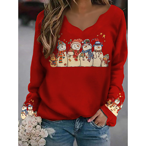 

Women's Christmas T-shirt 3D Cat Graphic Long Sleeve Print Round Neck V Neck Tops Loose Cotton Casual Basic Christmas Basic Top White Black Red