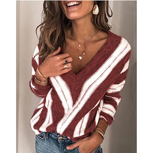 

Women's Basic Knitted Striped Pullover Long Sleeve Loose Sweater Cardigans V Neck Fall Winter Blue Purple Red