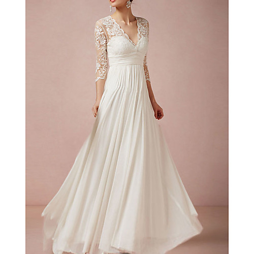 

A-Line Wedding Dresses V Neck Floor Length Lace Half Sleeve Country Plus Size with Lace Insert Appliques 2021