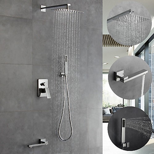 

8 Inch Chrome Shower Faucets Sets Complete with Stainless Steel Shower Head, Solid Brass Handshower and Rotary Nozzle Wall Mounted Rainfall Shower Head System