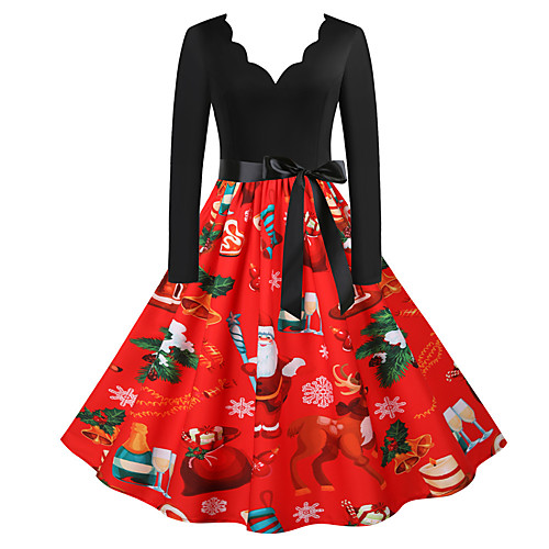 

Women's A Line Dress Knee Length Dress Red Long Sleeve Floral Fall Spring V Neck Formal Vintage Christmas Going out 2021 S M L XL XXL 3XL