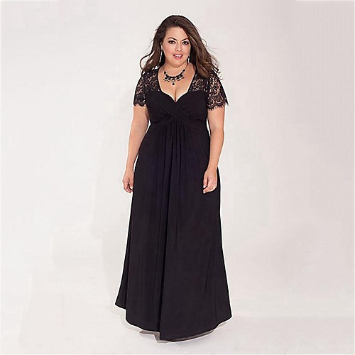 

Women's Swing Dress Maxi long Dress Black Blue Red Short Sleeve Solid Color Lace Patchwork Summer V Neck Sexy 2021 XXL 3XL 4XL 5XL 6XL / Plus Size