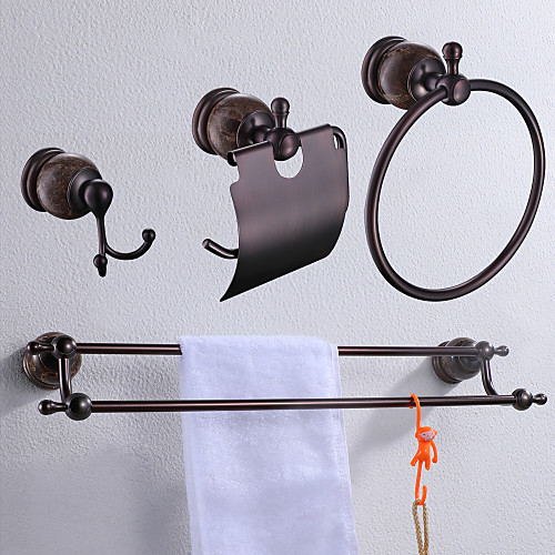 

SUS 304 Stainless Steel and Solid Brass Bathroom Hardware Set Brown&Marble 4 Pieces Bathroom Hardware Accessories Sets Wall Mounted Double Towel Bar Towel Ring Hook Toilet Paper Holder