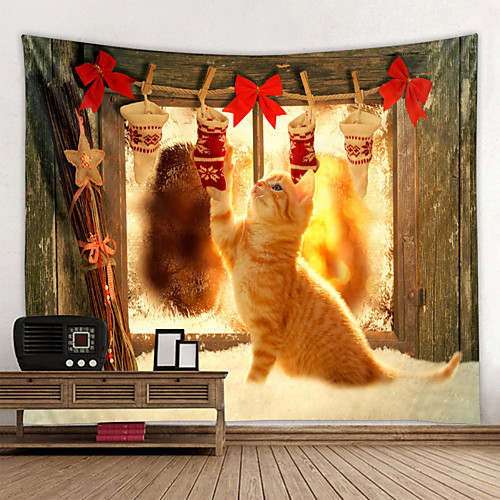 

Christmas Santa Claus Holiday Party Wall Tapestry Art Decor Blanket Curtain Picnic Tablecloth Hanging Home Bedroom Living Room Dorm Decoration Christmas Gift Cat Polyester Beauty Views