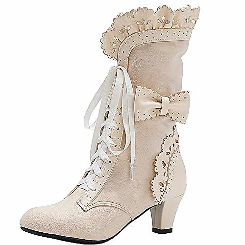 

women vintage boots ankle high lace up lolita boots lotus ruffle party shoes mid cone heel gothic boots bowknot beige size 33 asian