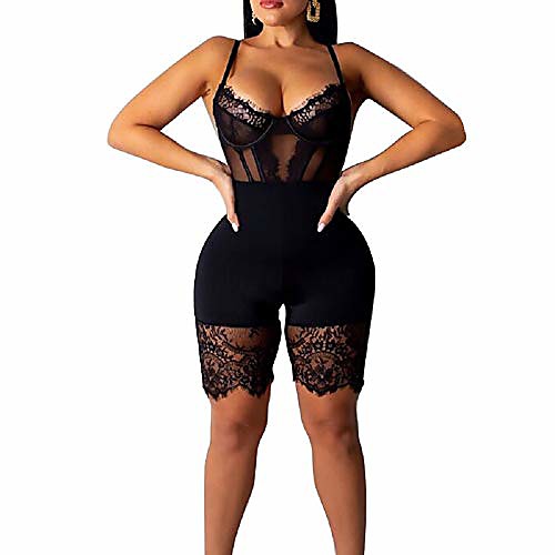 

women 's sexy bodysuit lace bodycon jumpsuit shorts one piece teddy lingerie babydoll see through catsuit female nightwear (black, xl)