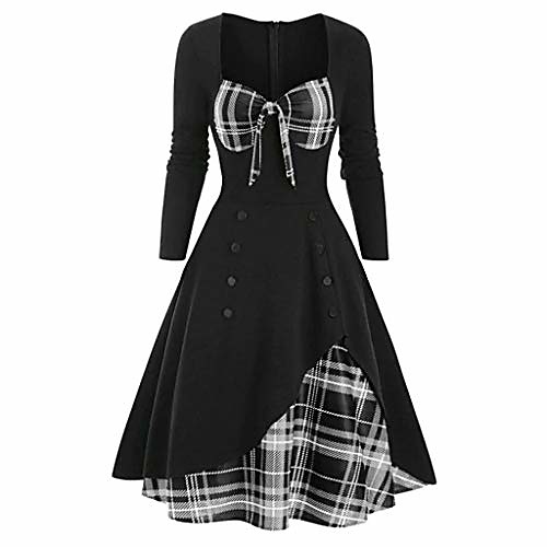 

dress vintage plaid patchwork maxi dress crew neck long sleeve bow knot swing cocktail party dress rockabilly evening dresses(q-white,10 uk/l cn)