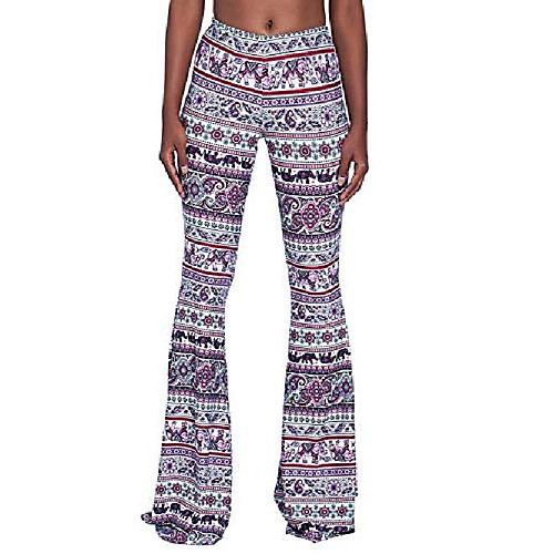 

women's tall ladies soft pattern bell bottoms pants floor length ethnic high waist flare boho print maxi trousers (purple, xx-large)