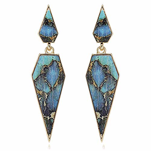 

bohemian wood and marble effect pentagon shaped drop statement earrings