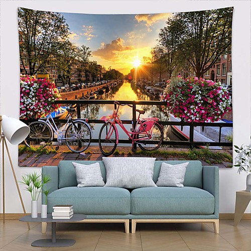 

Wall Tapestry Art Deco Blanket Curtain Picnic Table Cloth Hanging Home Bedroom Living Room Dormitory Decoration Polyester Fiber Landscape River Bridge Bicycle Sunset White Clouds