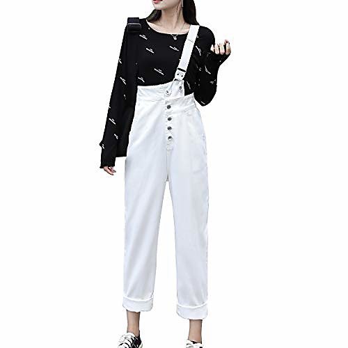 

women's stretch ripped bib overalls adjustable y-back strap denim jumpsuit with pockets jeans pants white 6-8
