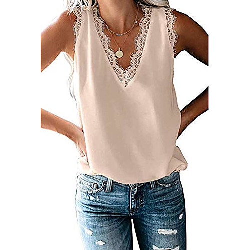 

womens v neck lace tank tops casual sleeveless blouse shirts cami shirts blouse,apricot,m