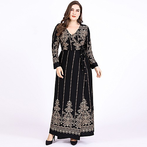

Women's Swing Dress Maxi long Dress Black Dusty Blue Long Sleeve Floral Print Lace up Patchwork Print Spring V Neck Elegant Casual Chiffon Slim 2021 XL XXL 3XL 4XL 5XL 6XL / Plus Size