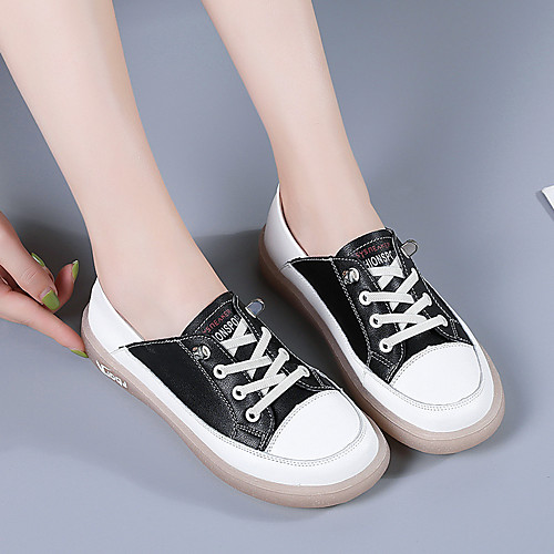 

Women's Sneakers Flat Heel Round Toe Casual Daily Walking Shoes Canvas Lace-up White Black