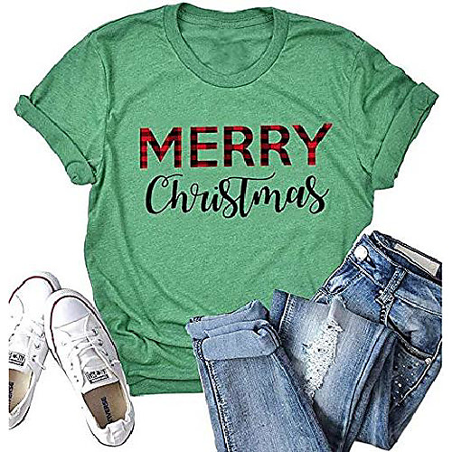 

womens merry christmas leopard printed t-shirt funny buffalo plaid short sleeve xmas casual holiday graphic tee tops (green, xx-large)