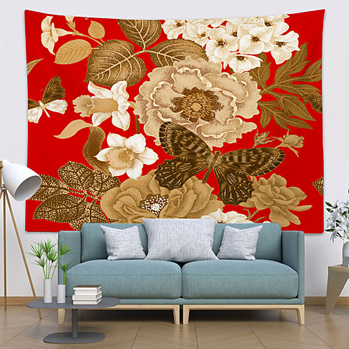 

Wall Tapestry Art Decor Blanket Curtain Hanging Home Bedroom Living Room Decoration Polyester Golden Plant Flower Floral Butterfly